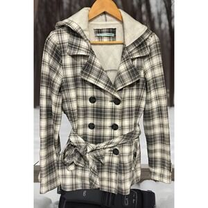 Maurices Women's Gray Plaid Hooded Double Breasted Long Sleeve Jacket Size Large